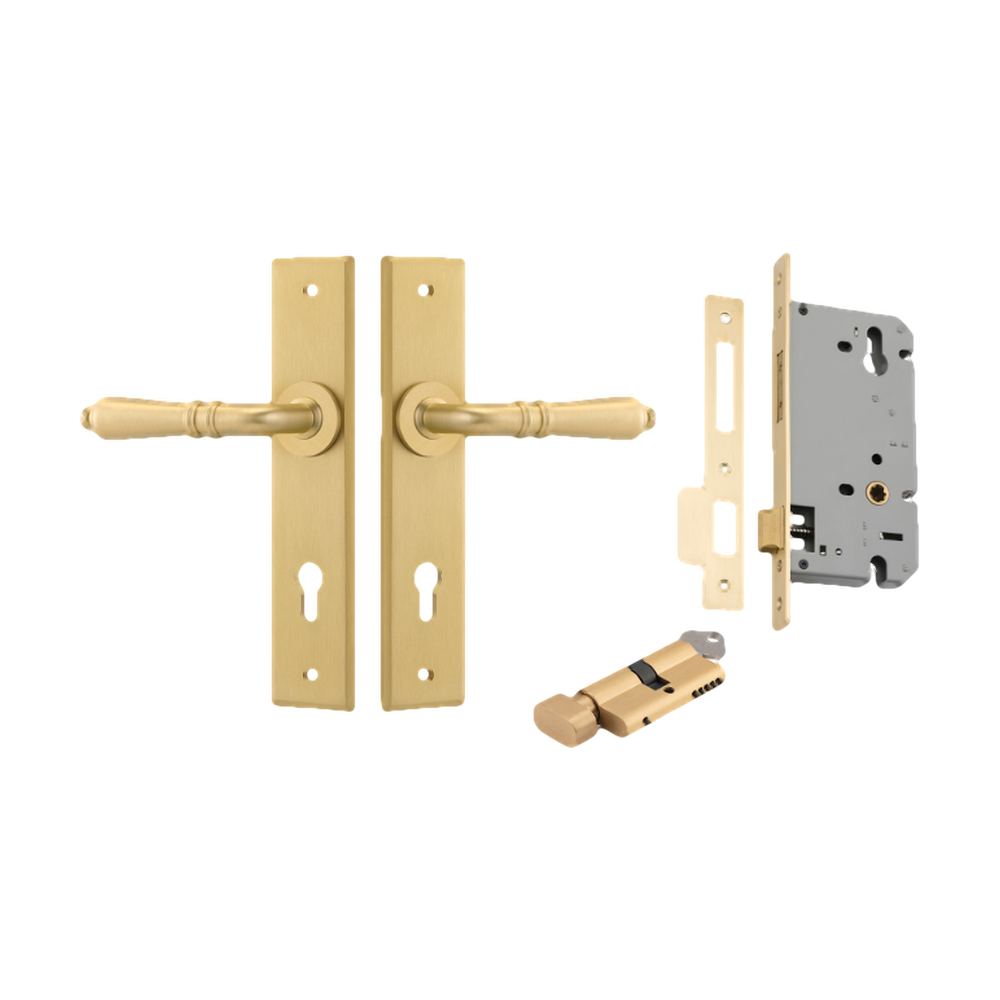Door Lever Sarlat Chamfered Euro Brushed Gold PVD CTC85mm H240xW50xP55mm Entrance Kit Mortice Lock Euro Brushed Gold PVD CTC85mm Backset 60mm, Euro Cylinder Key Thumb 6 Pin Satin Brass L70mm KA2 in Brushed Gold PVD