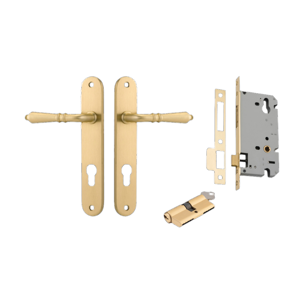Door Lever Sarlat Oval Euro Brushed Gold PVD CTC85mm H240xW40xP55mm Entrance Kit Mortice Lock Euro Brushed Gold PVD CTC85mm Backset 60mm, Euro Cylinder Dual Function 5 Pin Satin Brass L65mm KA2 in Brushed Gold PVD