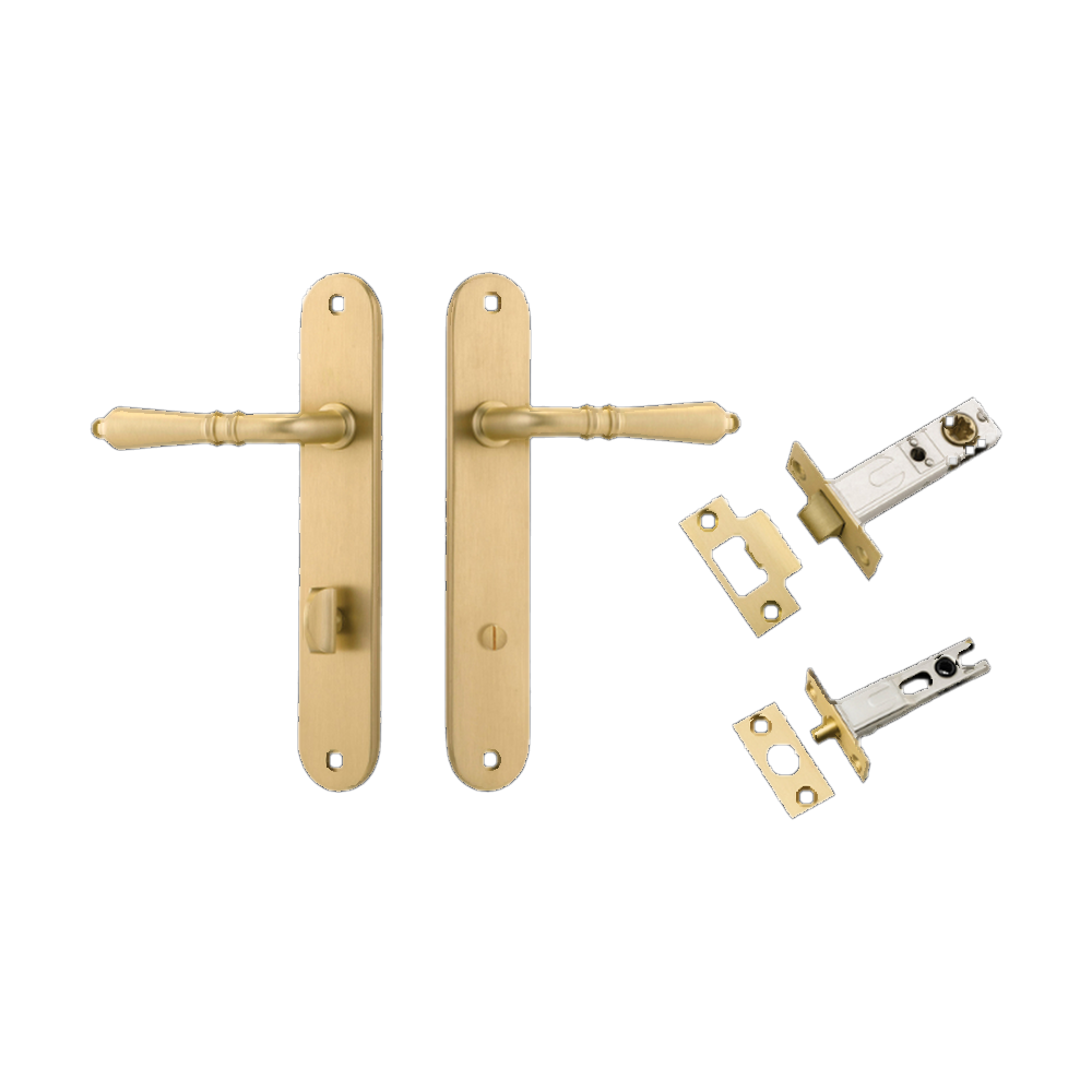 Door Lever Sarlat Oval Privacy Brushed Gold PVD CTC85mm H240xW40xP55mm Privacy Kit Tube Latch Split Cam 'T' Striker Brushed Gold PVD Backset 60mm, Privacy Bolt Round Bolt Brushed Gold PVD Backset 60mm in Brushed Gold PVD