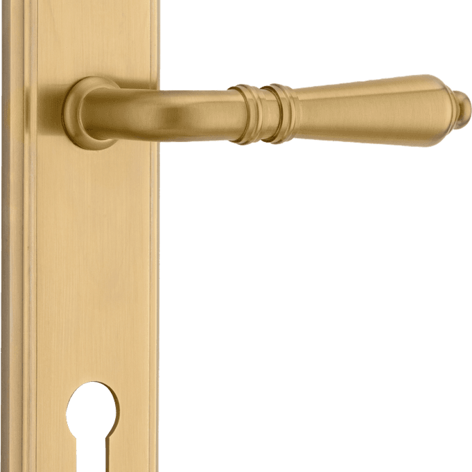 Pair of Iver Sarlat lever door handles on stepped backplate, showcasing elegant metal hardware with a polished finish.