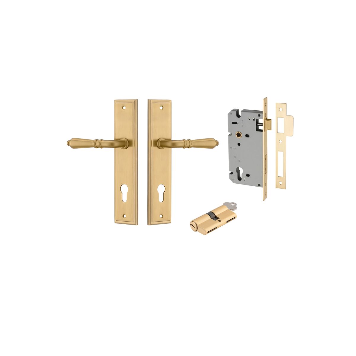 Pair of Iver Sarlat lever door handles on stepped backplate, featuring sleek brass finish and modern design.