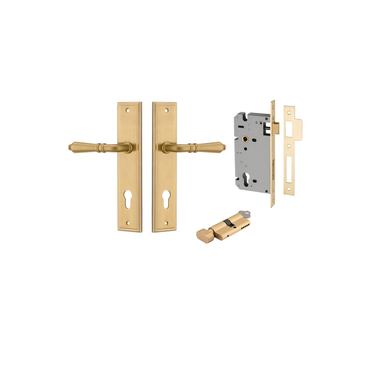 Pair of Iver Sarlat lever door handles with stepped backplate, featuring a sleek, modern design in a polished finish.