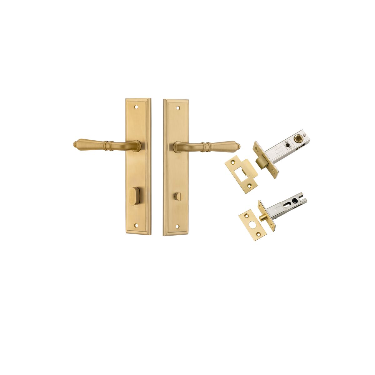 Pair of Iver Sarlat lever door handles on stepped backplate, showcasing polished brass finish and elegant design.