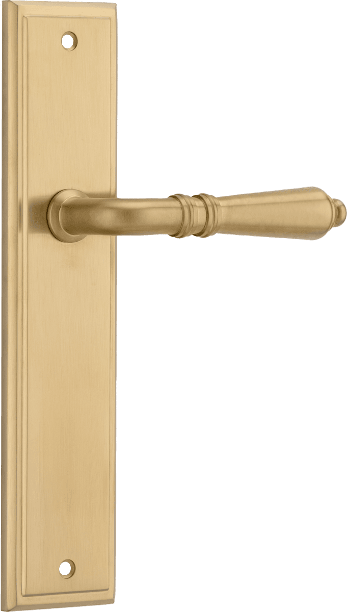Pair of Iver Sarlat lever handles on stepped backplate, featuring elegant design and modern hardware for interior doors.