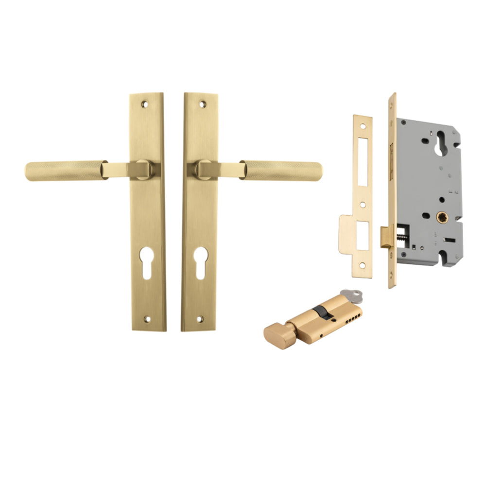Door Lever Brunswick Rectangular Euro Brushed Gold PVD CTC85mm H240xW38xP57mm Entrance Kit, Mortice Lock Euro Brushed Gold PVD CTC85mm Backset 60mm, Euro Cylinder Key Thumb 6 Pin Satin Brass L70mm KA2 in Brushed Gold PVD