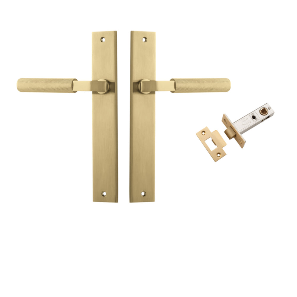 Door Lever Brunswick Knurled Rectangular Brushed Gold PVD L120xP57mm BPH240xW38mm Passage Kit, Tube Latch Split Cam 'T' Striker Brushed Gold PVD Backset 60mm in Brushed Gold PVD