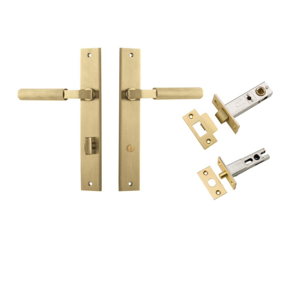 Door Lever Brunswick Rectangular Privacy Brushed Gold PVD CTC85mm H240xW38xP57mm Privacy Kit, Tube Latch Split Cam 'T' Striker Brushed Gold PVD Backset 60mm, Privacy Bolt Round Bolt Brushed Gold PVD Backset 60mm in Brushed Gold PVD