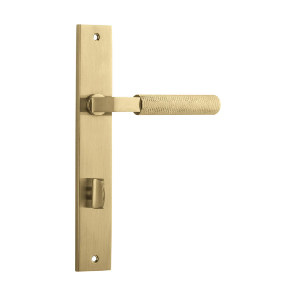 Pair of Iver Brunswick lever door handles on rectangular backplates, featuring a sleek, modern design in a polished finish.