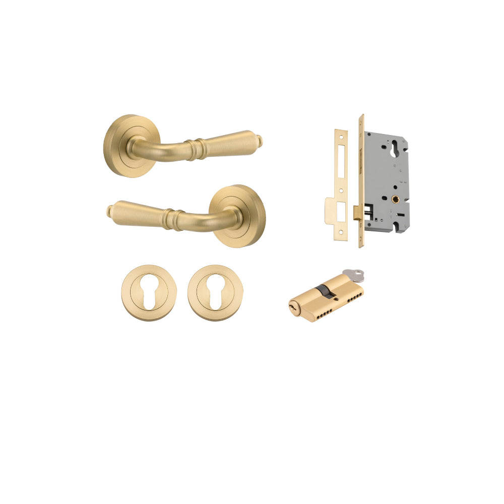 Door Lever Sarlat Round Rose Pair Brushed Gold PVD D52xP58mm Entrance Kit, Mortice Lock Euro Brushed Gold PVD CTC85mm Backset 60mm, Euro Cylinder Dual Function 5 Pin Satin Brass L65mm KA1, Escutcheon Euro Concealed Fix Round Pair BG PVD D52xP10mm in Brushed Gold PVD