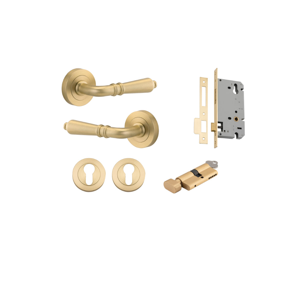 Door Lever Sarlat Round Rose Pair Brushed Gold PVD D52xP58mm Entrance Kit, Mortice Lock Euro Brushed Gold PVD CTC85mm Backset 60mm, Euro Cylinder Key Thumb 6 Pin Satin Brass L70mm KA1, Escutcheon Euro Concealed Fix Round Pair BG PVD D52xP10mm in Brushed Gold PVD