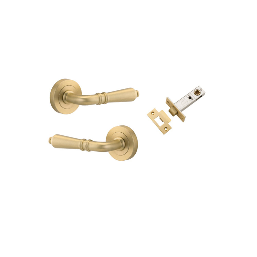 Door Lever Sarlat Rose Round Pair Brushed Gold PVD L111xP56mm BPD52mm Passage Kit, Tube Latch Split Cam 'T' Striker Brushed Gold PVD Backset 60mm in Brushed Gold PVD