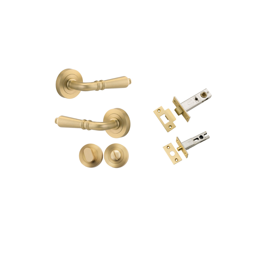 Door Lever Sarlat Round Rose Pair Brushed Gold PVD D52xP58mm Privacy Kit, Tube Latch Split Cam 'T' Striker Brushed Gold PVD Backset 60mm, Privacy Bolt Round Bolt Brushed Gold PVD Backset 60mm, Privacy Turn Oval Concealed Fix Round BG PVD D52xP23mm in Brushed Gold PVD