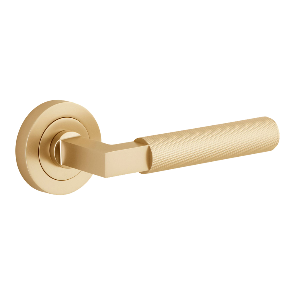 Door Lever Brunswick Knurled Round Rose Pair Brushed Gold PVD D52xP60mm in Brushed Gold PVD
