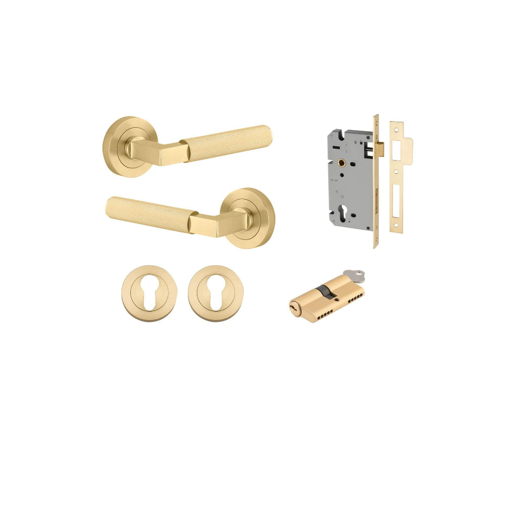 Door Lever Brunswick Rose Round Pair Brushed Gold PVD L120xP60mm BPD52mm Mortice Lock Euro Brushed Gold PVD CTC85mm Backset 60mm Euro Cylinder Dual Function 5 Pin Brushed Brass 65mm KA4 Escutcheon Euro Concealed Fix Round Pair D52xP10mm in Brushed Gold PVD