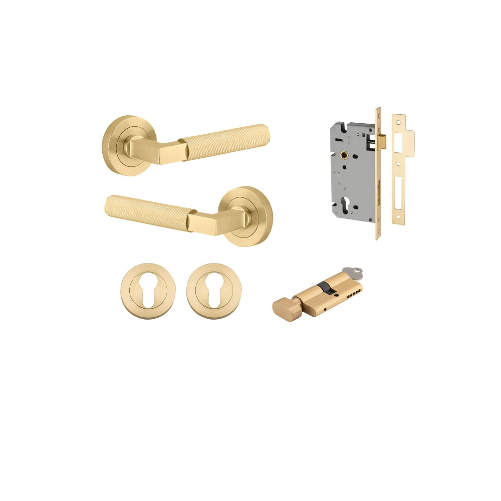 Door Lever Brunswick Round Rose Pair Brushed Gold PVD D52xP60mm Entrance Kit, Mortice Lock Euro Brushed Gold PVD CTC85mm Backset 60mm, Euro Cylinder Key Thumb 6 Pin Satin Brass L70mm KA1, Escutcheon Euro Conc Fix Rnd Pair Brushed Gold PVD D52xP10mm in Brushed Gold PVD