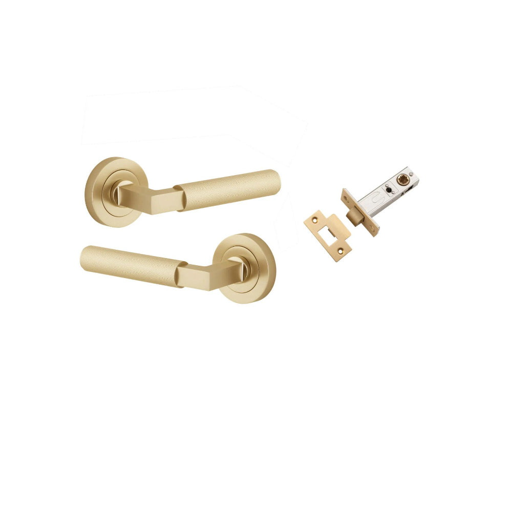 Door Lever Brunswick Round Rose Pair Brushed Gold PVD D52xP60mm Passage Kit, Tube Latch Split Cam 'T' Striker Brushed Gold PVD Backset 60mm in Brushed Gold PVD
