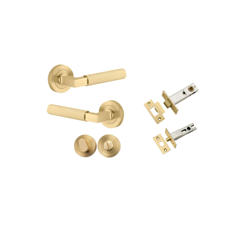 Door Lever Brunswick Round Rose Pair Brushed Gold PVD D52xP60mm Privacy Kit, Tube Latch Split Cam 'T' Striker Brushed Gold PVD Backset 60, Privacy Bolt Rnd Bolt Brushed Gold PVD Backset 60, Privacy Turn Oval Conc Fix Rnd Brushed Gold PVD D52xP23mm in Brus