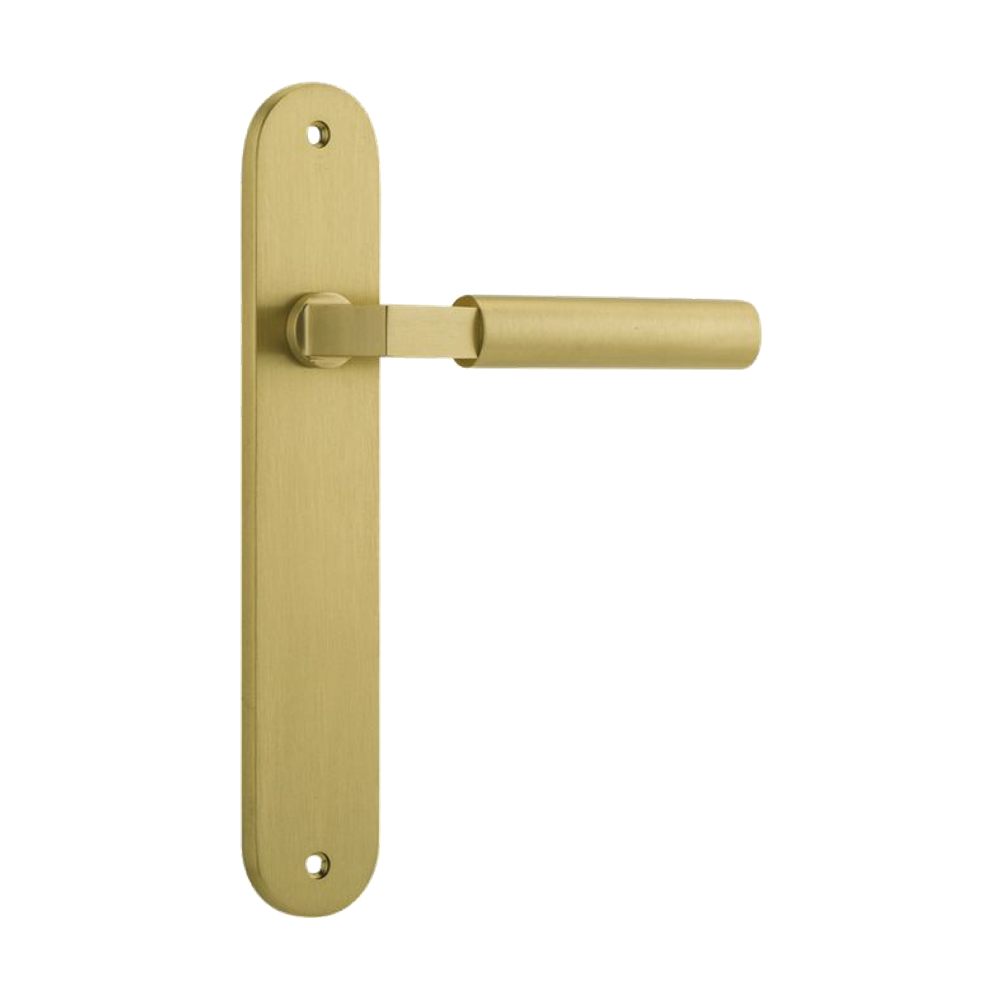 Door Lever Berlin Oval Latch Pair Brushed Gold PVD L120xP57mm BPH240xW40mm in Brushed Gold PVD