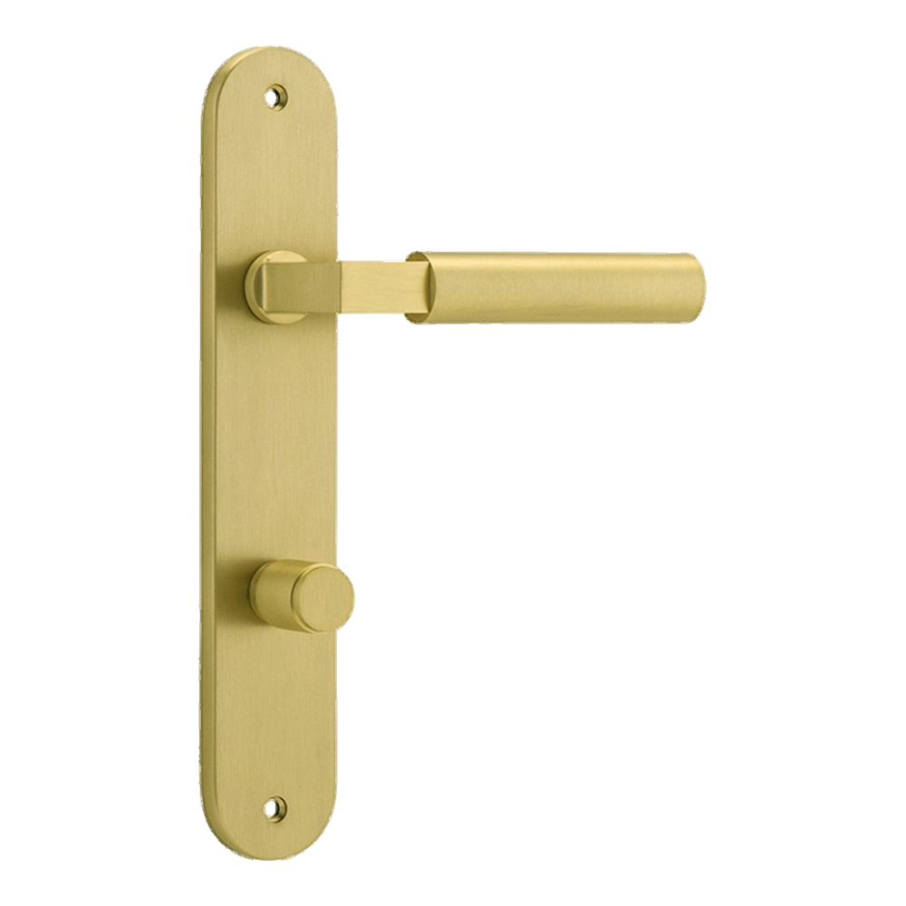Door Lever Berlin Oval Privacy Pair Brushed Gold PVD CTC85mm L120xP57mm BPH240xW40mm in Brushed Gold PVD