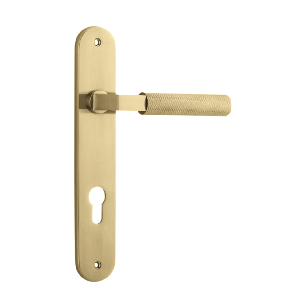 Pair of Iver Brunswick lever handles on oval backplates, architectural hardware with a sleek, modern design.