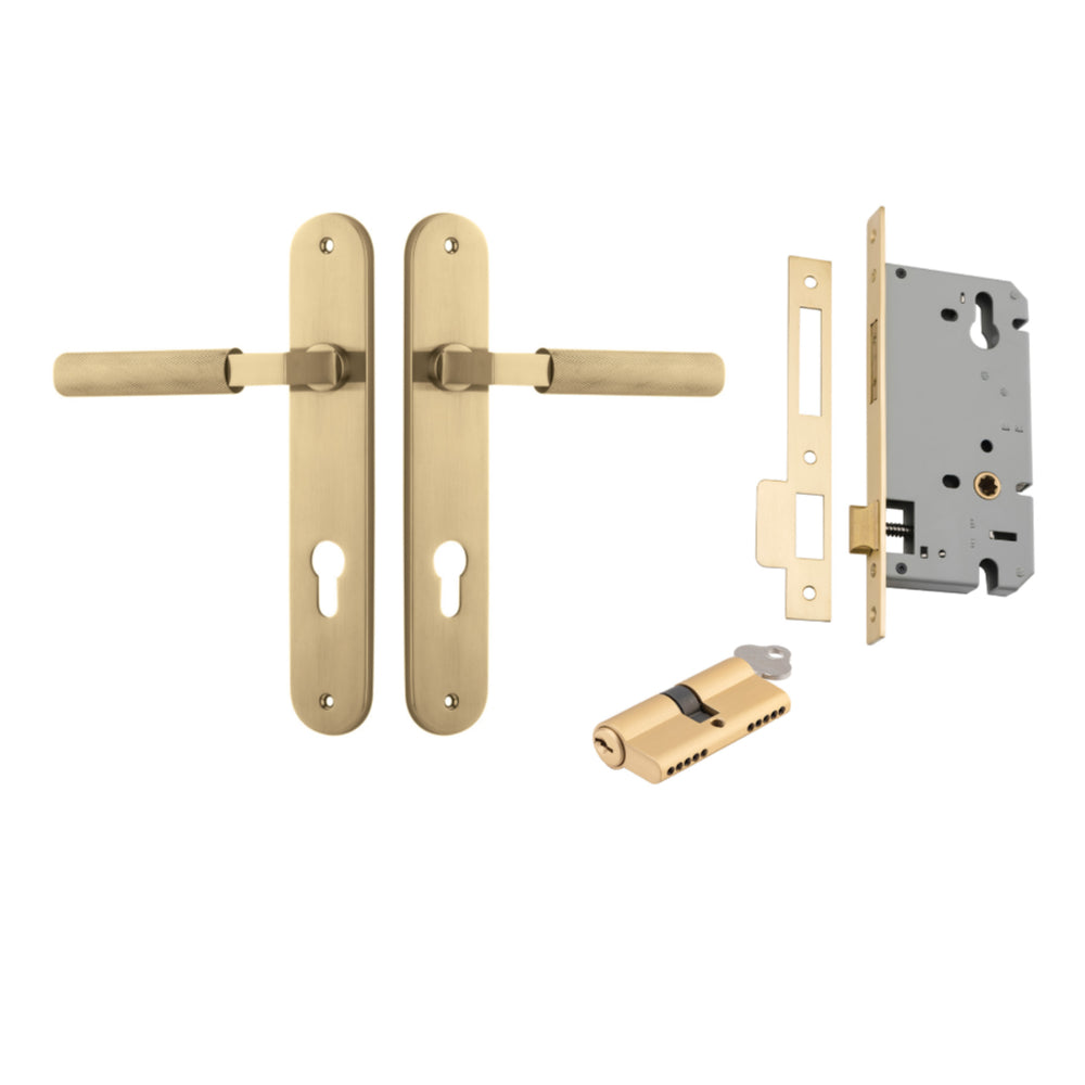 Door Lever Brunswick Oval Euro Brusged Gold PVD CTC85mm H240xW40xP57mm Entrance Kit Mortice Lock Euro Brushed Gold PVD CTC85mm Backset 60mm, Euro Cylinder Dual Function 5 Pin Satin Brass L65mm KA2 in Brushed Gold PVD