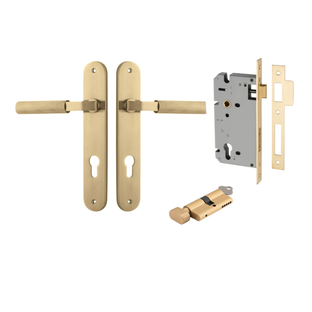 Pair of Iver Brunswick lever handles on oval backplates, architectural hardware in a sleek, modern design.