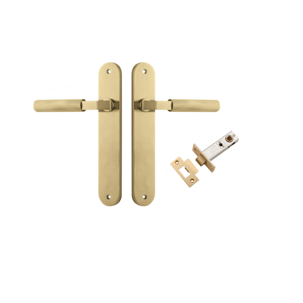 Door Lever Brunswick Knurled Oval Brushed Gold PVD L120xP57mm BPH240xW40mm Passage Kit Tube Latch Split Cam 'T' Striker Brushed Gold PVD Backset 60mm in Brushed Gold PVD
