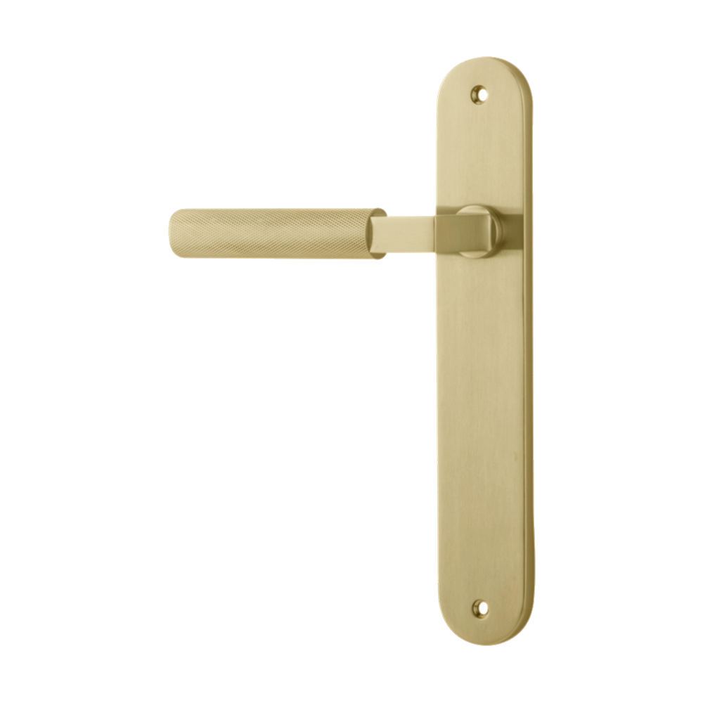 Door Lever Brunswick Oval Latch Left Hand Fixed Brushed Gold PVD L120xP57mm BPH240xW40mm in Brushed Gold PVD