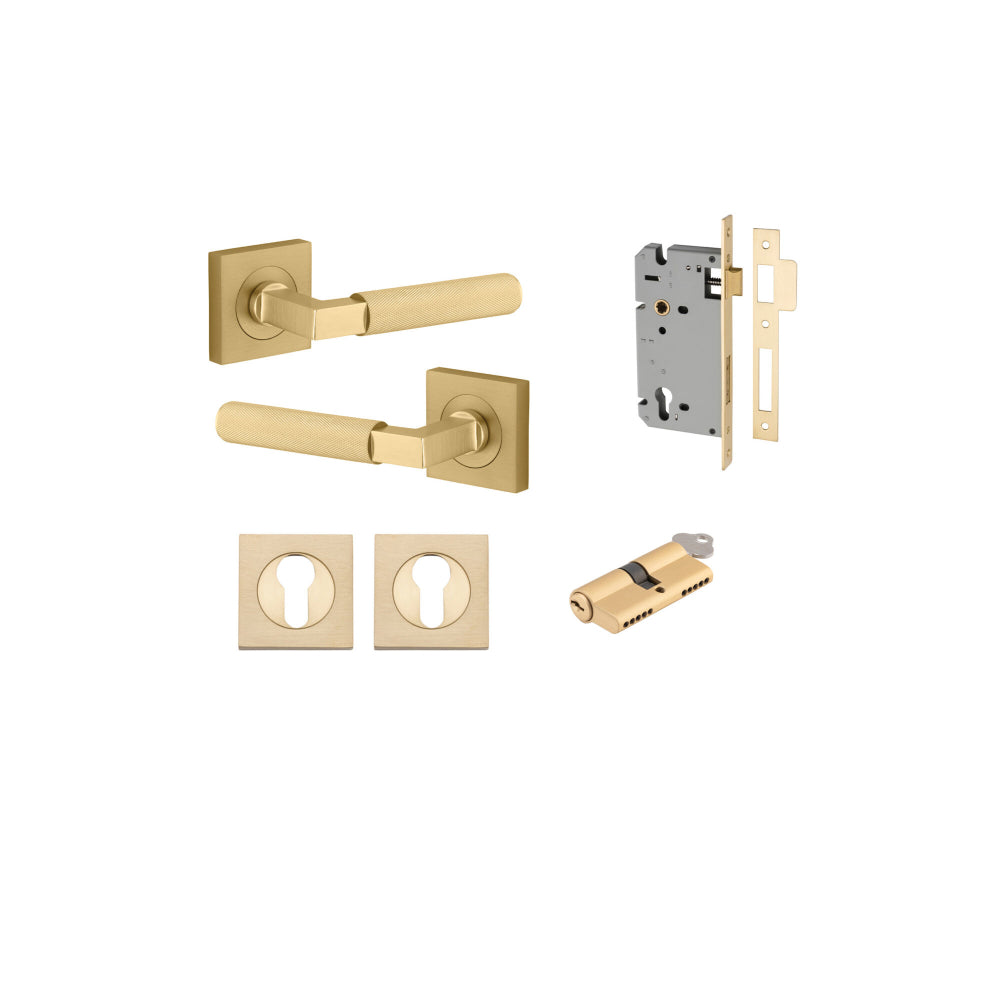 Door Lever Brunswick Square Rose Pair Brushed Gold PVD D52xP60mm Entrance Kit, Mortice Lock Euro Brushed Gold PVD CTC85 Backset 60, Euro Cylinder Dual Function 5 Pin Satin Brass L65 KA1, Escutcheon Euro Conc Fix Sq Pair Brushed Gold PVD H52xW52xP11 in Brushed Gold PVD