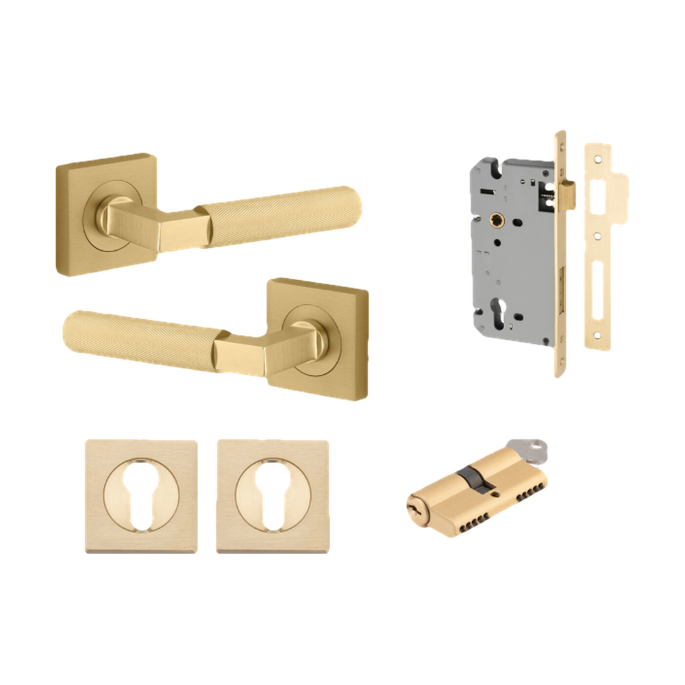 Door Lever Brunswick Square Rose Pair Brushed Gold PVD D52xP60mm Entrance Kit, Mortice Lock Euro Brushed Gold PVD CTC85 Backset 60, Euro Cylinder Dual Function 5 Pin Satin Brass L65 KA1, Escutcheon Euro Conc Fix Sq Pair Brushed Gold PVD H52xW52xP11 in Brushed Gold PVD