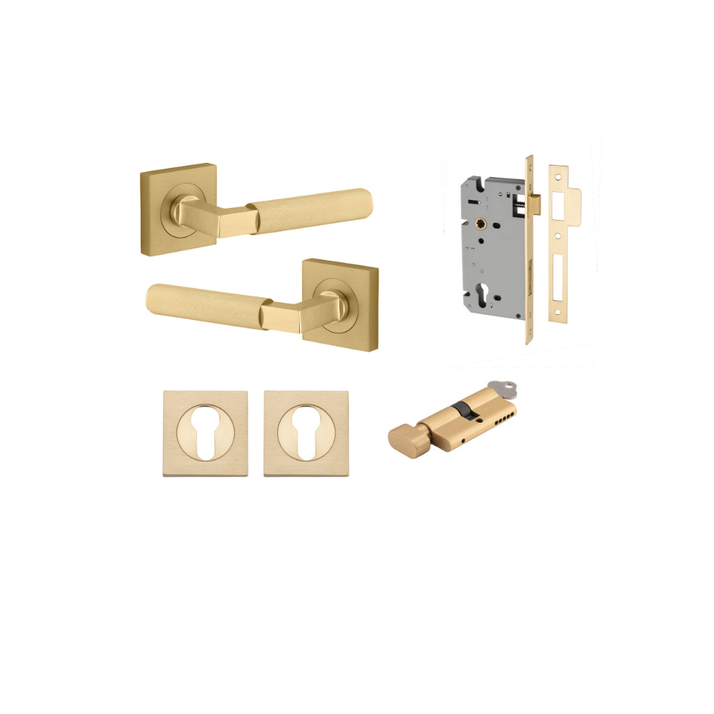 Door Lever Brunswick Square Rose Pair Brushed Gold PVD D52xP60mm Entrance Kit, Mortice Lock Euro Brushed Gold PVD CTC85mm Backset 60, Euro Cylinder Key Thumb 6 Pin Satin Brass L70 KA1, Escutcheon Euro Conc Fix Sq Pair Brushed Gold PVD H52xW52xP10mm in Brushed Gold PVD