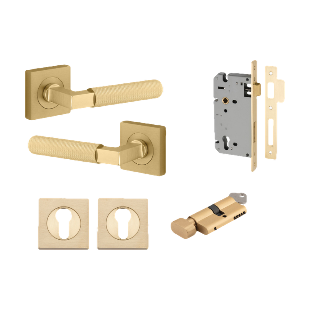 Door Lever Brunswick Square Rose Pair Brushed Gold PVD D52xP60mm Entrance Kit, Mortice Lock Euro Brushed Gold PVD CTC85mm Backset 60, Euro Cylinder Key Thumb 6 Pin Satin Brass L70 KA1, Escutcheon Euro Conc Fix Sq Pair Brushed Gold PVD H52xW52xP10mm in Brushed Gold PVD
