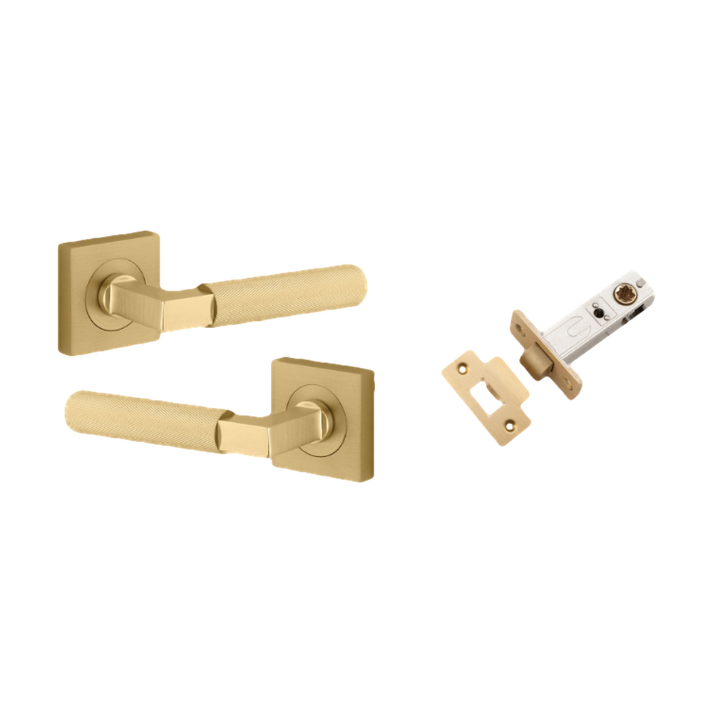 Door Lever Brunswick Square Rose Pair Brushed Gold PVD D52xP60mm Passage Kit, Tube Latch Split Cam 'T' Striker Brushed Gold PVD Backset 60mm in Brushed Gold PVD
