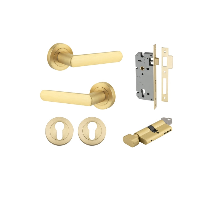 Door Lever Osaka Rose Round Brushed Gold PVD Key / Thumb Entrance Kit in Brushed Gold PVD