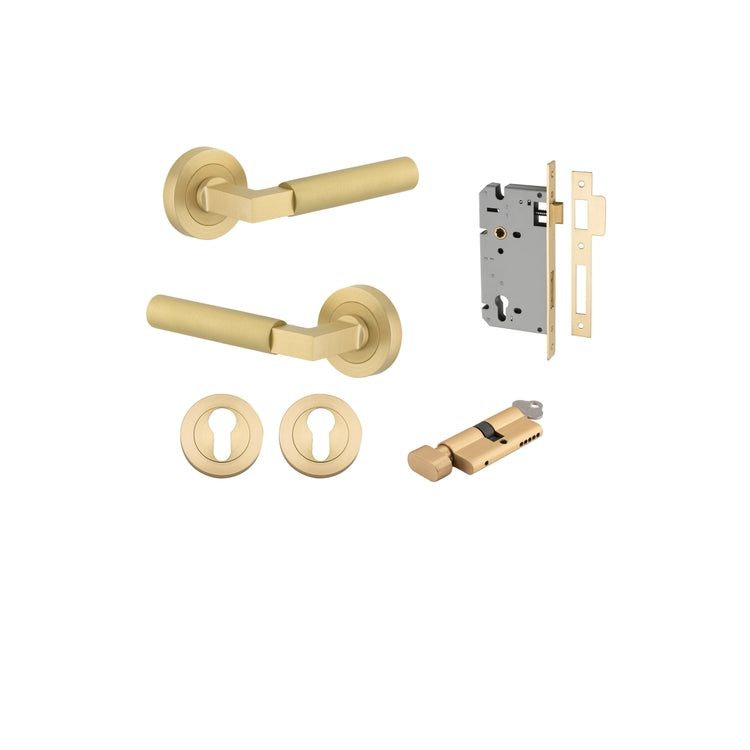 Door Lever Berlin Rose Round Brushed Gold PVD Key / Thumb Entrance Kit in Brushed Gold PVD