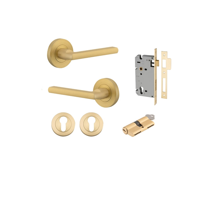 Door Lever Baltimore Rose Round Brushed Gold PVD Key / Key Entrance Kit in Brushed Gold PVD