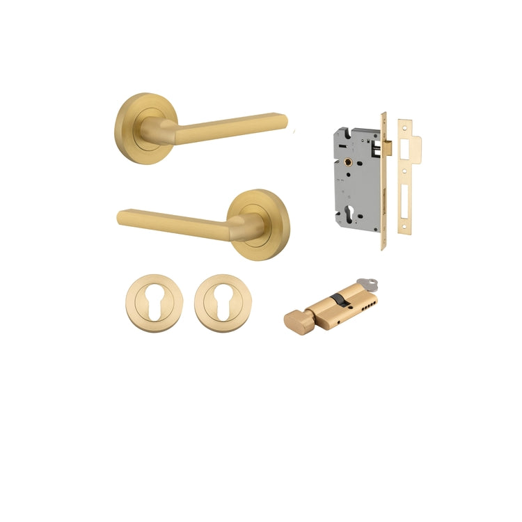 Door Lever Baltimore Rose Round Brushed Gold PVD Key / Thumb Entrance Kit in Brushed Gold PVD