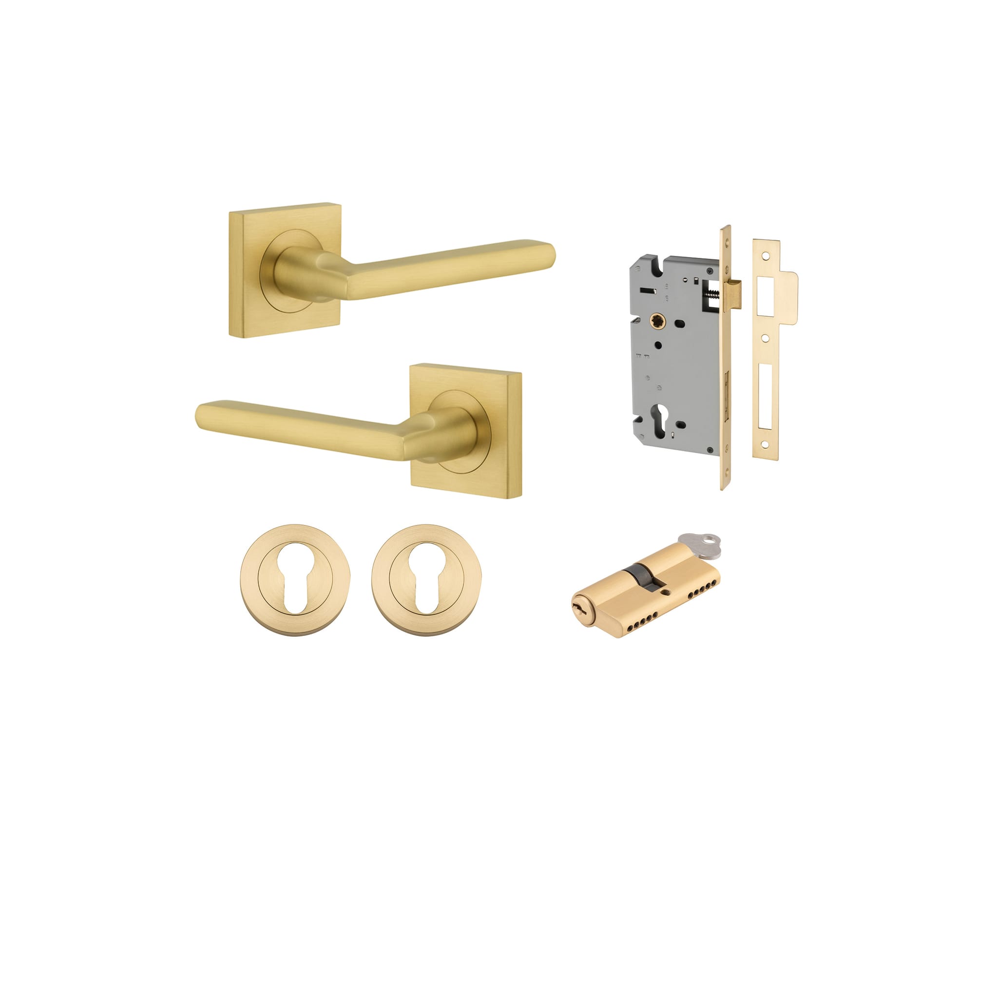 Door Lever Baltimore Rose Square Brushed Gold PVD Key / Key Entrance Kit in Brushed Gold PVD