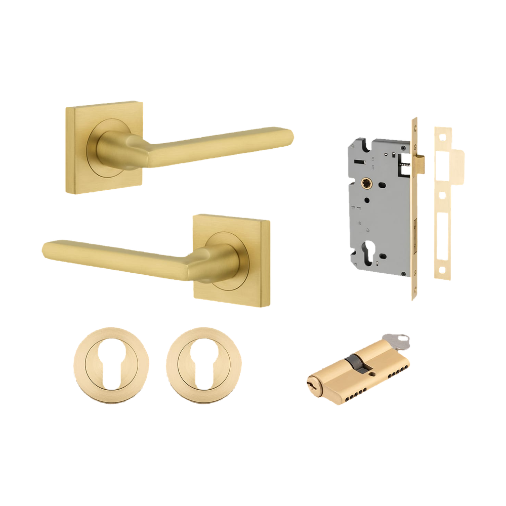 Door Lever Baltimore Rose Square Brushed Gold PVD Key / Key Entrance Kit in Brushed Gold PVD