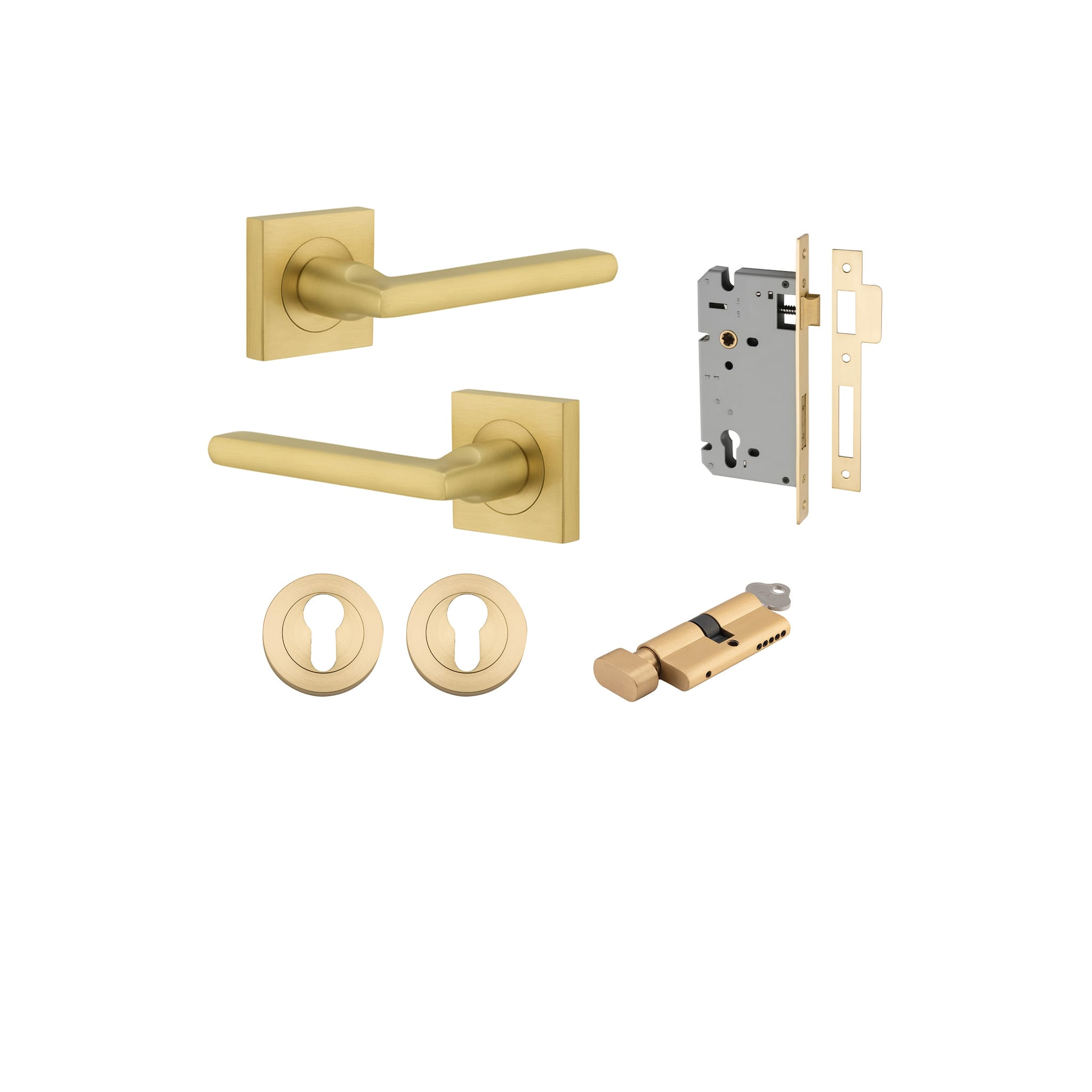 Door Lever Baltimore Rose Square Brushed Gold PVD Key / Thumb Entrance Kit in Brushed Gold PVD