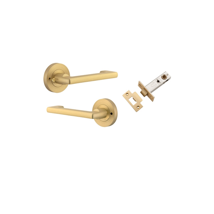 Door Lever Baltimore Return Rose Round Brushed Gold PVD Inbuilt Privacy Kit in Brushed Gold PVD