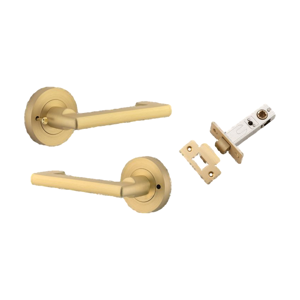 Door Lever Baltimore Return Rose Round Brushed Gold PVD Inbuilt Privacy Kit in Brushed Gold PVD