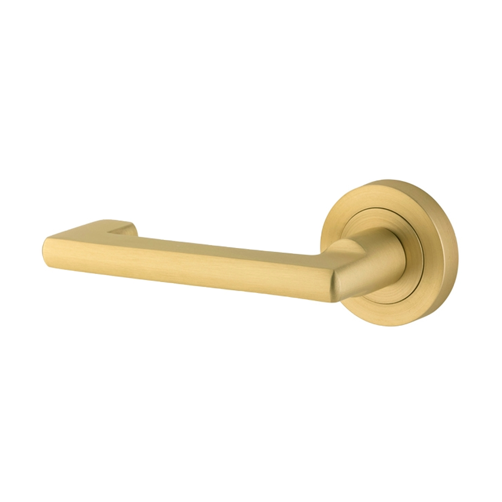 Door Lever Baltimore Return Rose Round Brushed Gold PVD Fix 1/2 LH L128xP57mm BPD52mm in Brushed Gold PVD