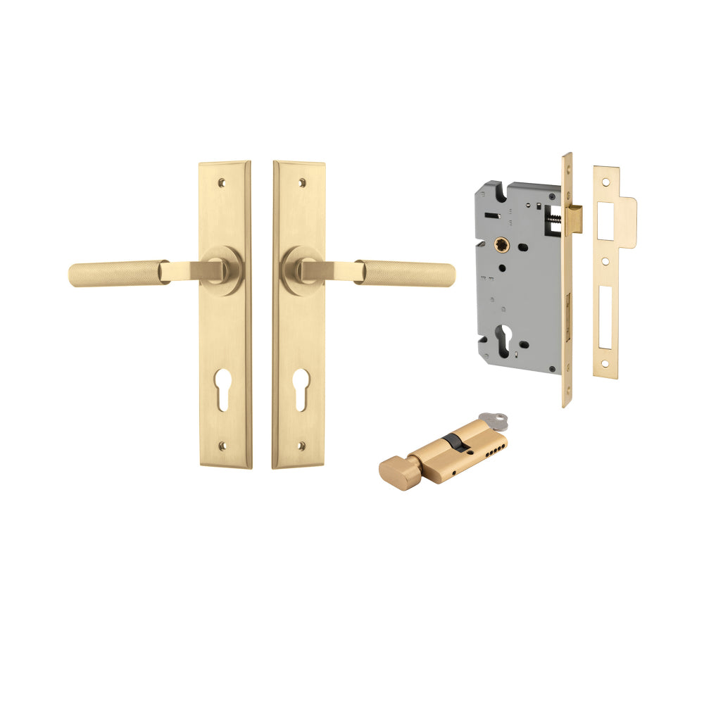 Door Lever Brunswick Chamfered Euro Brushed Gold PVD CTC85mm H240xW50xP59mm Entrance Kit Mortice Lock Euro Brushed Gold PVD CTC85mm Backset 60mm, Euro Cylinder Key Thumb 6 Pin Satin Brass L70mm KA2 in Brushed Gold PVD