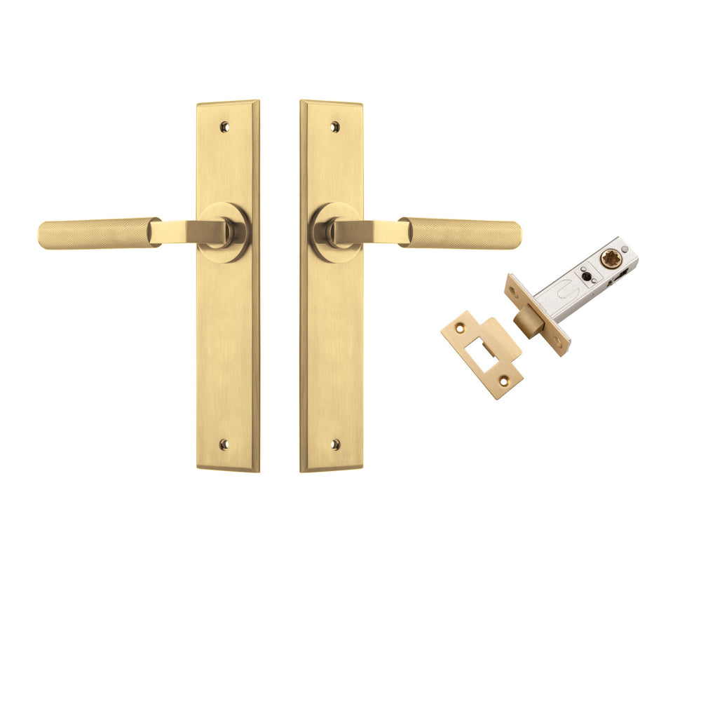 Door Lever Brunswick Knurled Chamfered Brushed Gold PVD L120xP59mm BPH240xW50mm Passage Kit Tube Latch Split Cam 'T' Striker Brushed Gold PVD Backset 60mm in Brushed Gold PVD