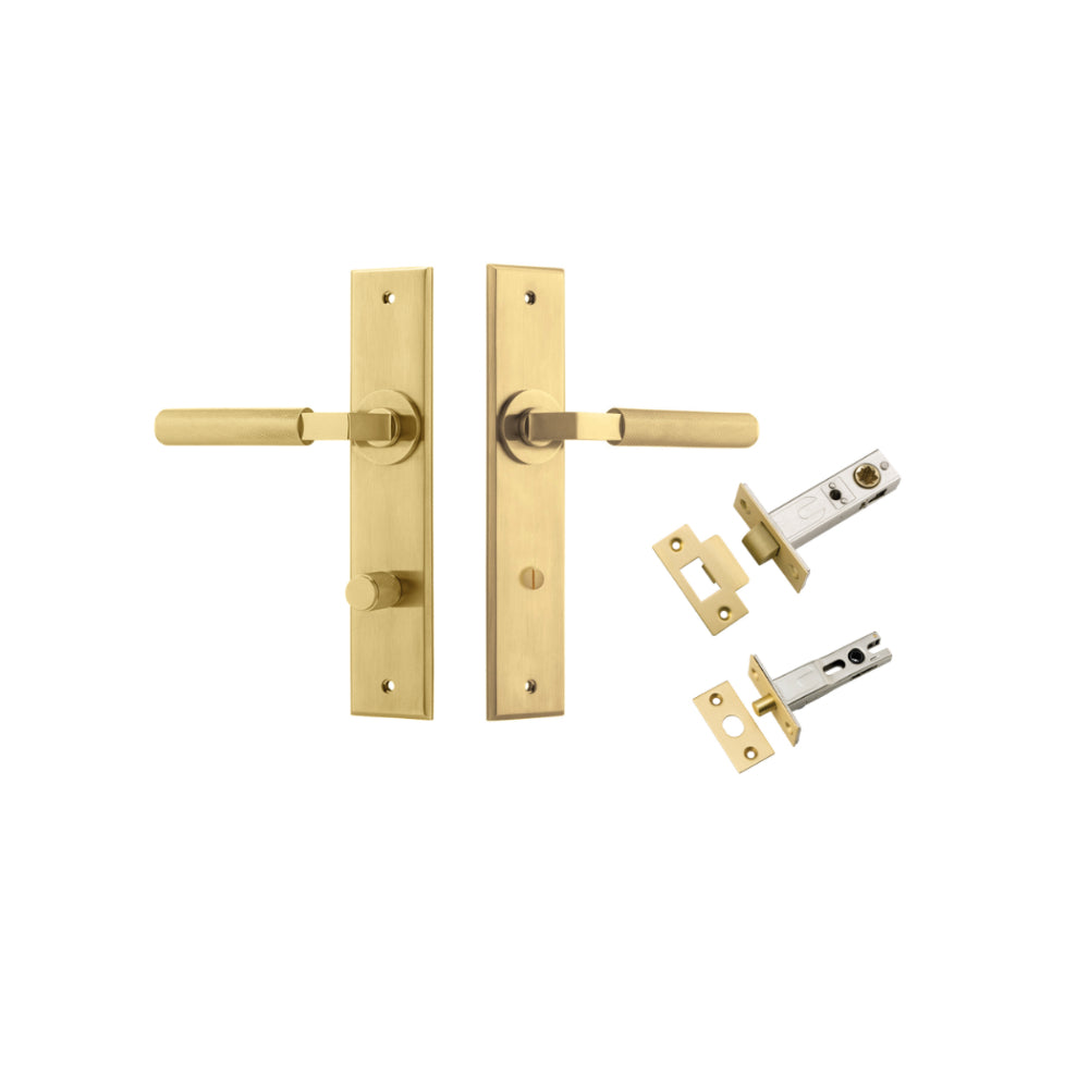 Door Lever Brunswick Chamfered Privacy Brushed Gold PVD CTC85mm H240xW50xP59mm Privacy Kit Tube Latch Split Cam 'T' Striker Brushed Gold PVD Backset 60mm, Privacy Bolt Round Bolt Brushed Gold PVD Backset 60mm in Brushed Gold PVD