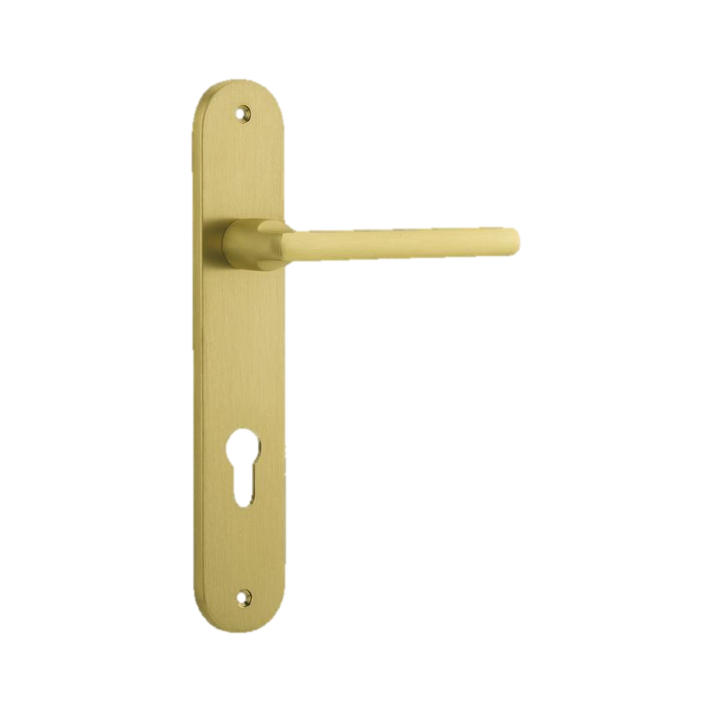 Door Lever Baltimore Oval Euro Pair Brushed Gold PVD CTC85mm L118xP54mm BPH240xW40mm in Brushed Gold PVD