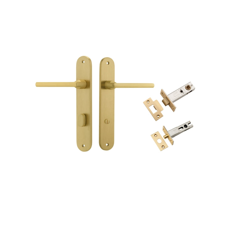 Pair of Iver Baltimore lever handles on oval backplates, featuring a sleek, modern design for interior doors.