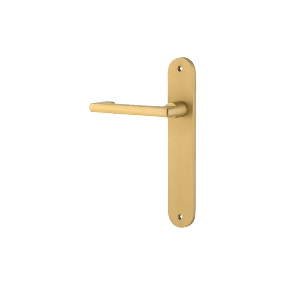 Door Lever Baltimore Return Oval Latch Brushed Gold PVD Fix 1/2LH L128xP54mm BPH240xW40mm in Brushed Gold PVD