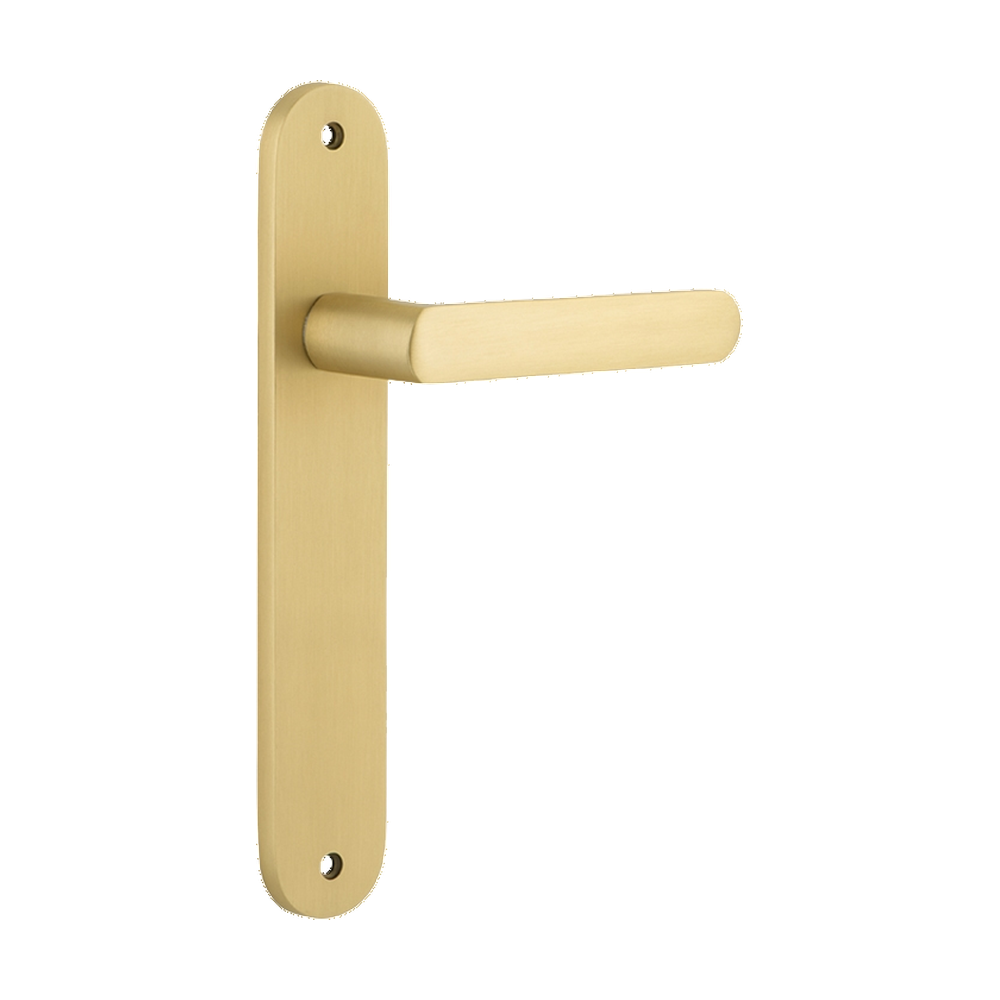 Door Lever Osaka Oval Latch Pair Brushed Gold PVD L120xP52mm BPH240xW40mm in Brushed Gold PVD